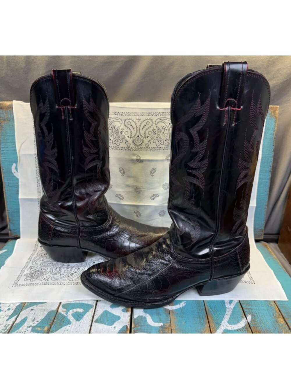 Vintage Larry Mahan Ostrich Leg Cowboy Boots Exotic USA Made Black Cherry 9.5D